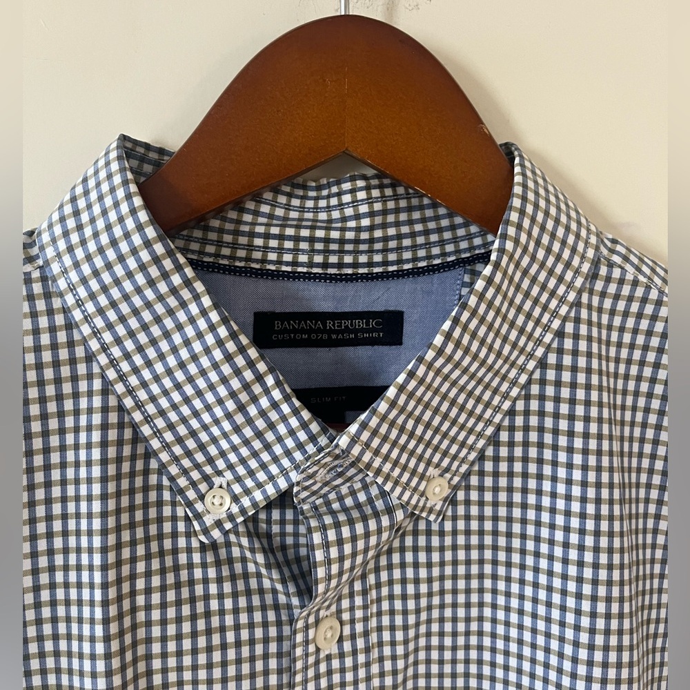 Banana Republic Men’s Blue & Olive Plaid Dress Shirt Slim Fit Men’s Size XL - Picture 2 of 16